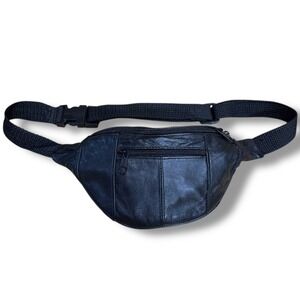 Black Leather Fanny Pack Waist Bag Hip Pouch Multiple Zipper Pockets